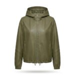 Handmade Olive Green Genuine Leather Hooded Windbreaker for Women | Blackstone Jackets