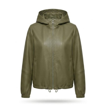 Handmade Olive Green Genuine Leather Hooded Windbreaker for Women | Blackstone Jackets
