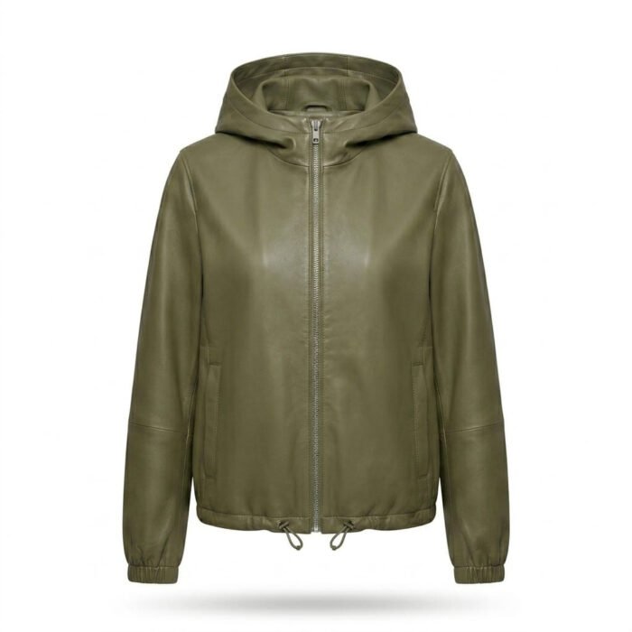 Handmade Olive Green Genuine Leather Hooded Windbreaker for Women | Blackstone Jackets - Image 1