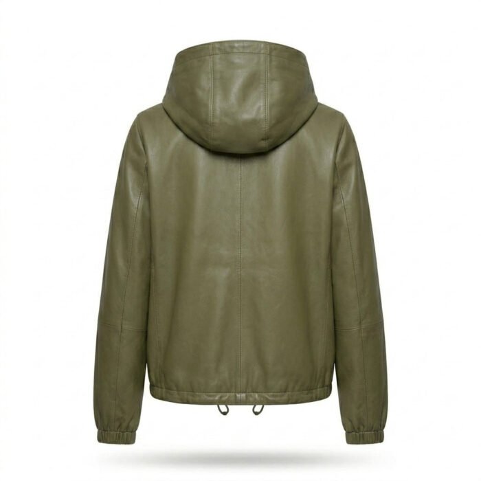 Handmade Olive Green Genuine Leather Hooded Windbreaker for Women | Blackstone Jackets - Image 3