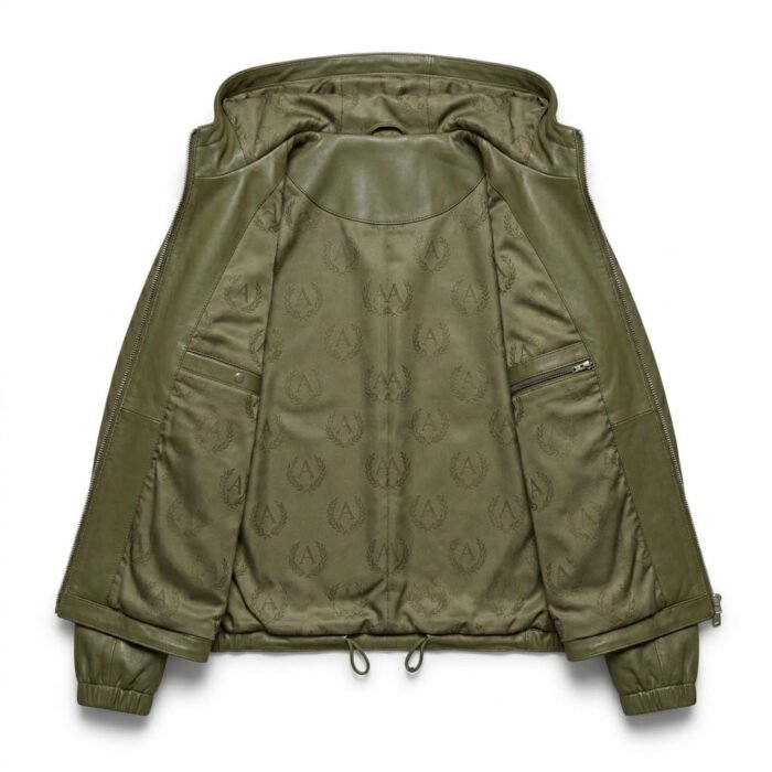 Handmade Olive Green Genuine Leather Hooded Windbreaker for Women | Blackstone Jackets - Image 2