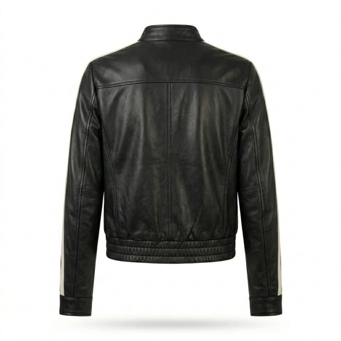 Sleek Athletic Black Leather Track Jacket for Women with White Stripe | Blackstone Jackets - Image 3