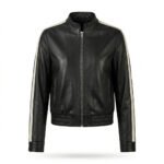 Sleek Athletic Black Leather Track Jacket for Women with White Stripe | Blackstone Jackets
