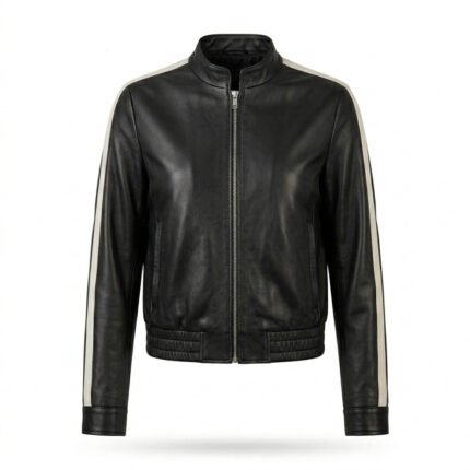 Sleek Athletic Black Leather Track Jacket for Women with White Stripe | Blackstone Jackets