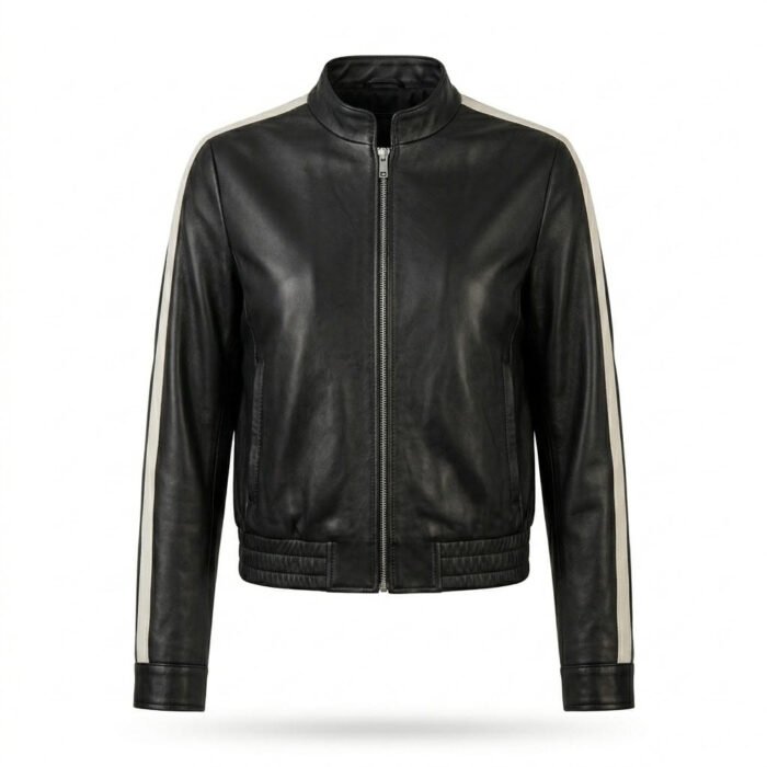 Sleek Athletic Black Leather Track Jacket for Women with White Stripe | Blackstone Jackets - Image 1