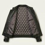 Sleek Athletic Black Leather Track Jacket for Women with White Stripe | Blackstone Jackets - Image 2