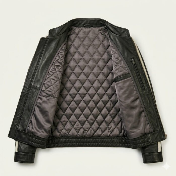 Sleek Athletic Black Leather Track Jacket for Women with White Stripe | Blackstone Jackets - Image 2