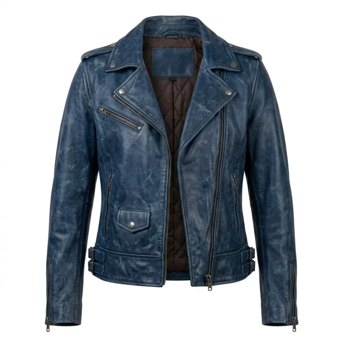 Crafted Women's Blue Distressed Leather Jacket Blackstone Jackets