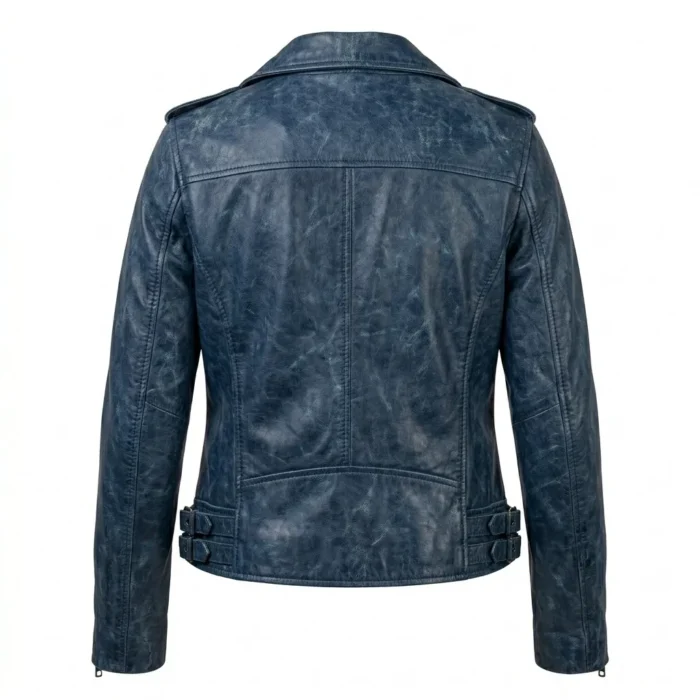 Crafted Women's Blue Distressed Leather Jacket Blackstone Jackets Back View