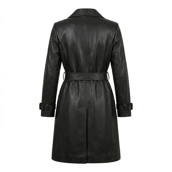 Executive Women's Black Trench Leather Coat Blackstone Jackets Back View