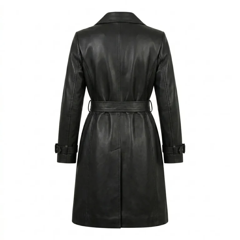 Executive Women's Black Trench Leather Coat Blackstone Jackets Back View