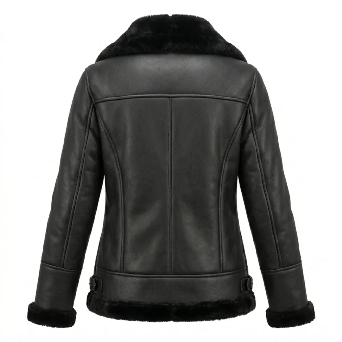Finest Women's Black Faux Fur Leather Jacket Blackstone Jackets Back View
