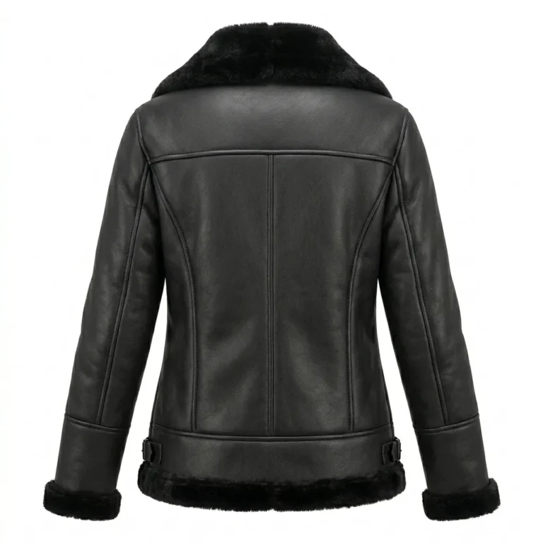 Finest Women's Black Faux Fur Leather Jacket Blackstone Jackets Back View