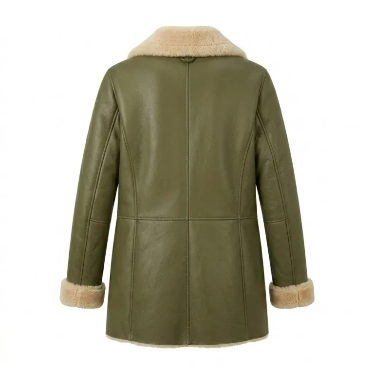 Statement Piece Women's Olive Green Leather Shearling Coats Blackstone Jackets Back View