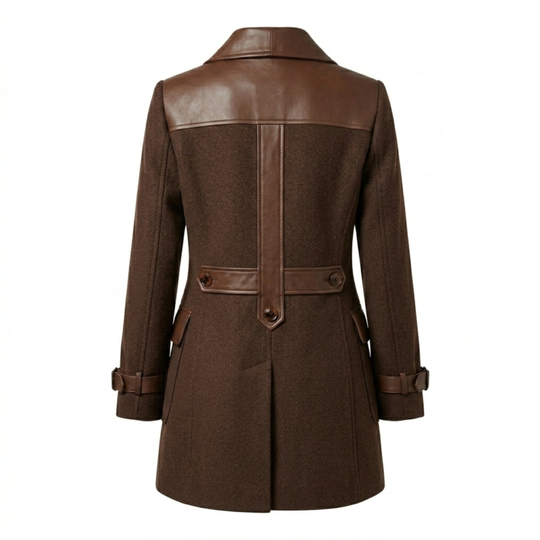 Superior Women's Brown Wool Leather Trim Coat Blackstone Jackets Back View