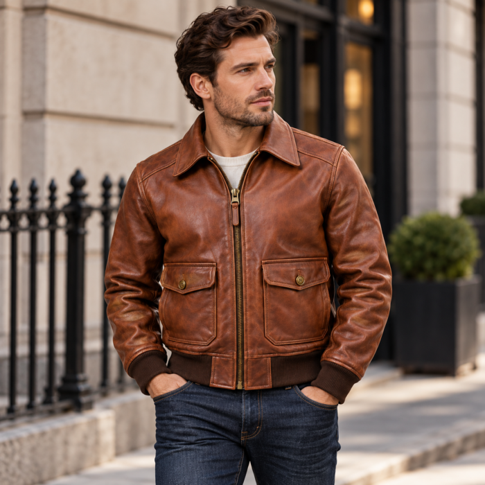 Bishop Russet Brown Men's A-2 Flight Leather Jacket | Blackstone Jackets