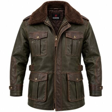Warden Dark Olive Brown Men's Leather Utility Flight Coat | Blackstone Jackets
