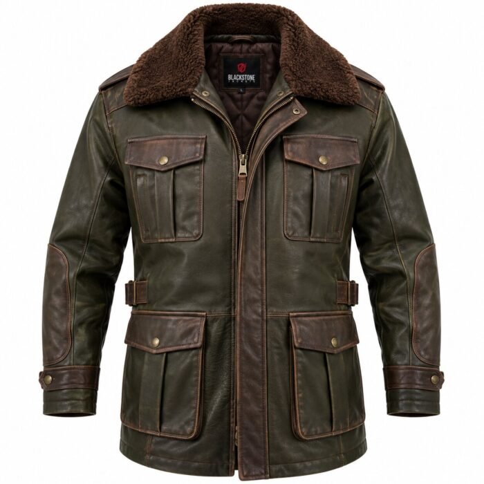 Warden Dark Olive Brown Men's Leather Utility Flight Coat | Blackstone Jackets