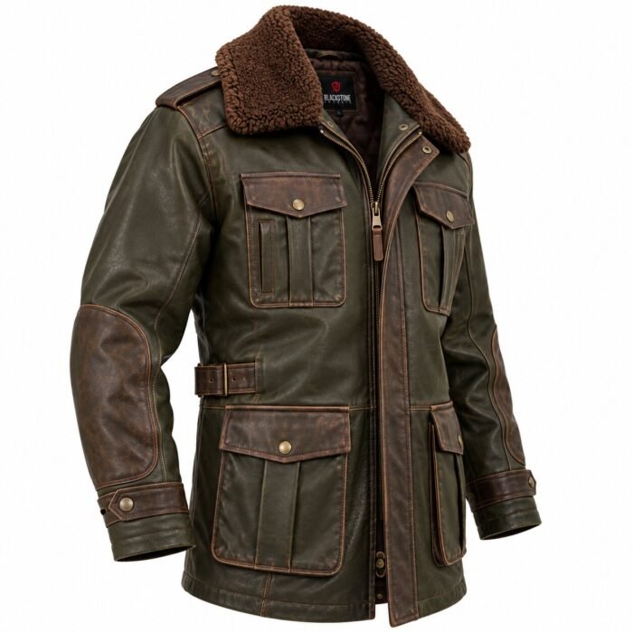 Warden Dark Olive Brown Men's Leather Utility Flight Coat | Blackstone Jackets