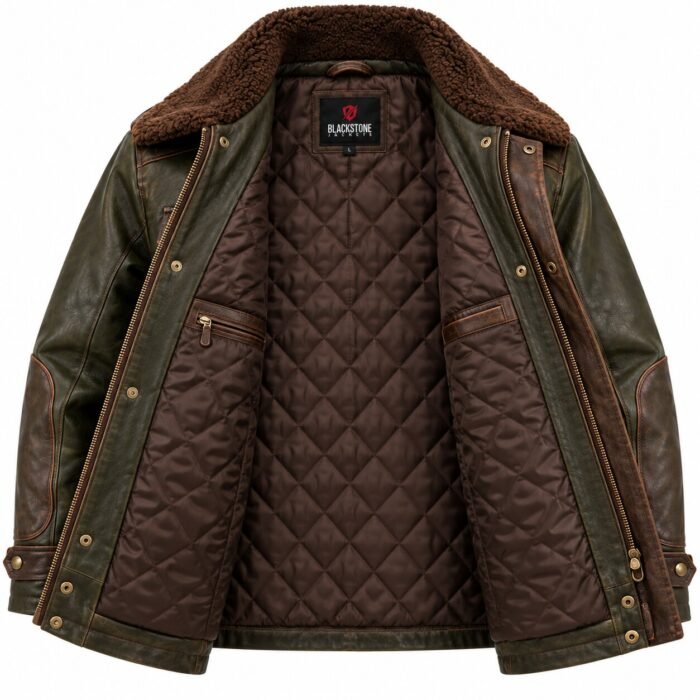 Warden Dark Olive Brown Men's Leather Utility Flight Coat | Blackstone Jackets