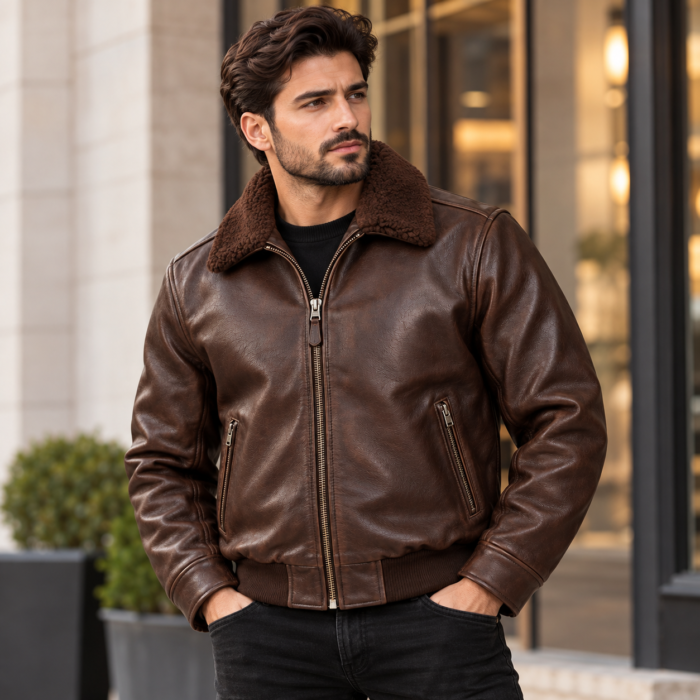 Cobra Dark Chocolate Brown Men's Aviator Leather Jacket | Blackstone Jackets