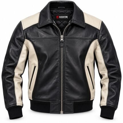 Nova Black Ivory Women's Leather Contrast Aviator Bomber | Blackstone Jackets