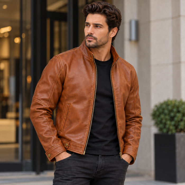 Falcon Cognac Brown Men's Aviator Leather Jacket | Blackstone Jackets