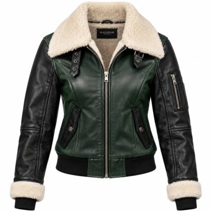 Solstice Forest Green Black Women's Leather Relaxed Aviator Bomber | Blackstone Jackets