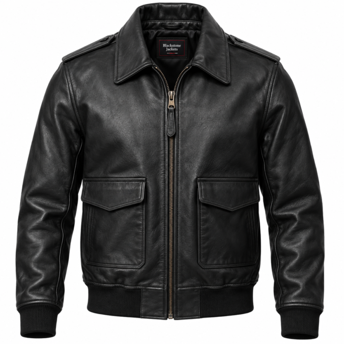 14.1drake-matte-black-men-s-leather-clean-aviator-jacket-front (1) Drake Matte Black Men's Leather Clean Aviator Jacket | Blackstone Jackets