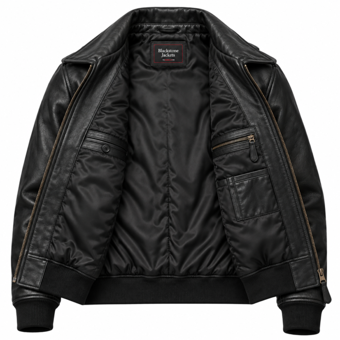 Drake Matte Black Men's Leather Clean Aviator Jacket | Blackstone Jackets