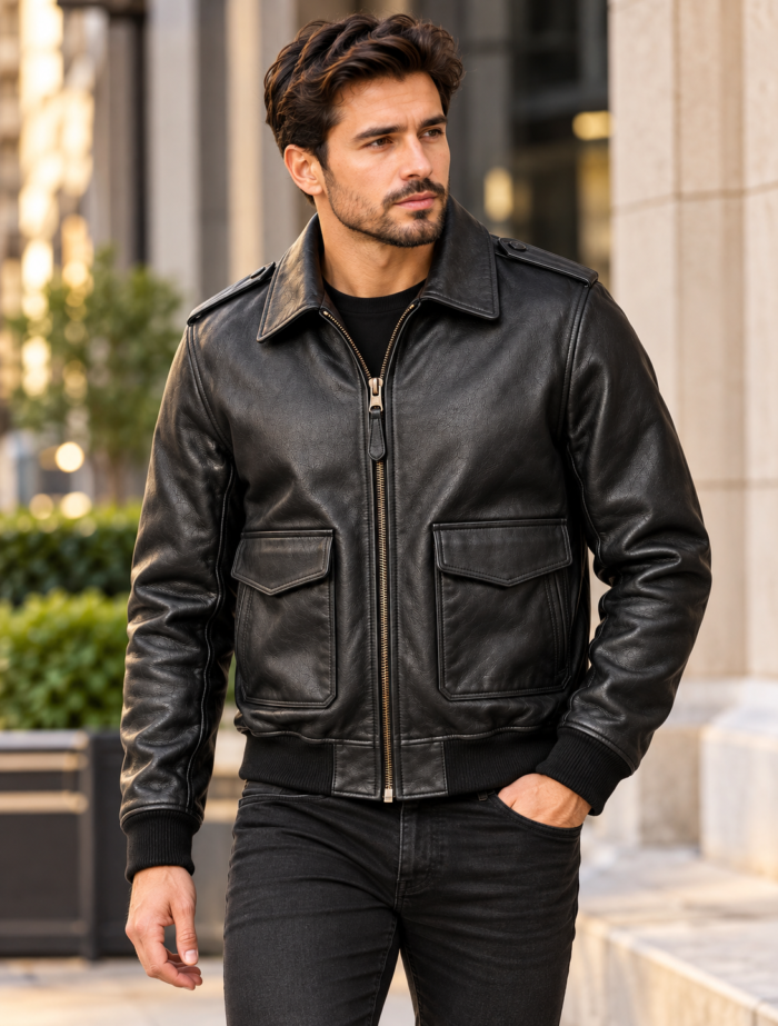 Drake Matte Black Men's Leather Clean Aviator Jacket | Blackstone Jackets - Image 5