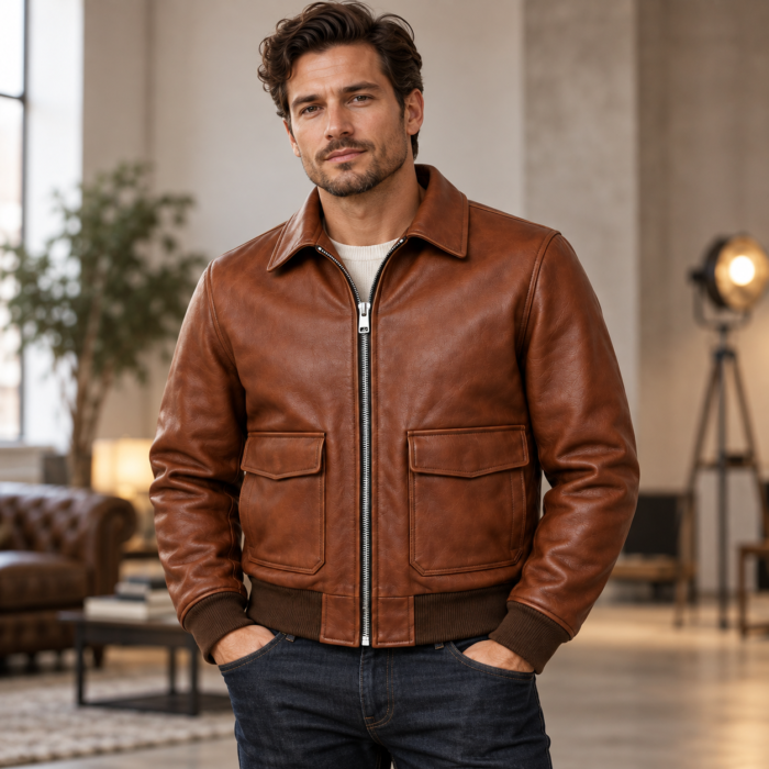 Hudson Russet Brown Men's Aviator Leather Jacket | Blackstone Jackets