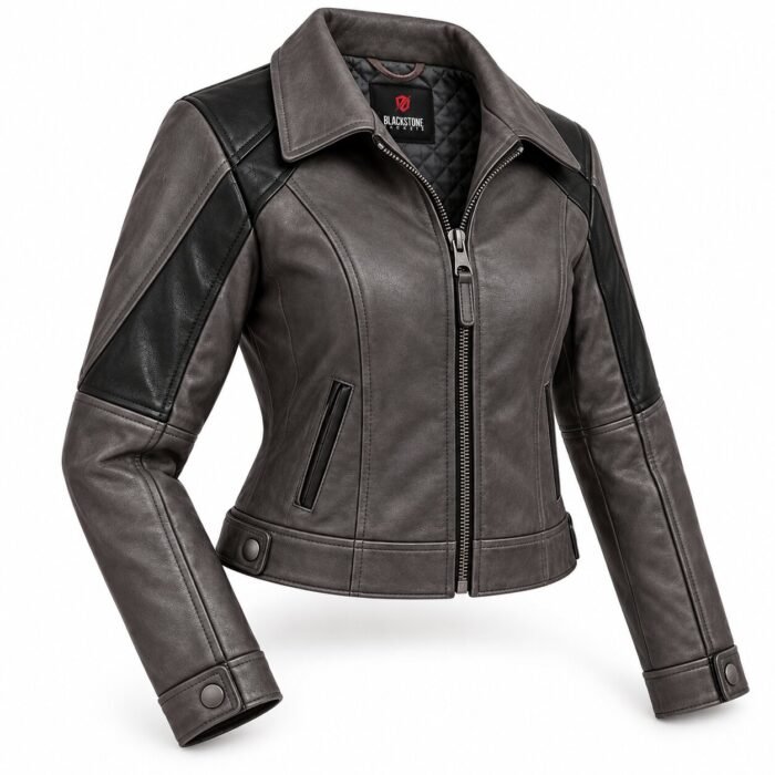 Vega Charcoal Black Women's Leather Cropped Aviator Jacket | Blackstone Jackets
