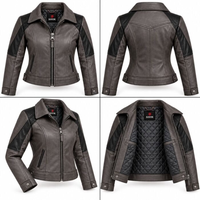 Vega Charcoal Black Women's Leather Cropped Aviator Jacket | Blackstone Jackets