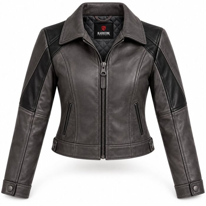 Vega Charcoal Black Women's Leather Cropped Aviator Jacket | Blackstone Jackets