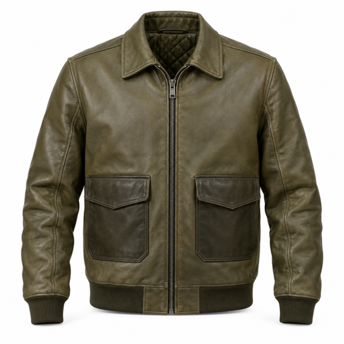 17.1hawkeye-olive-men-s-leather-utility-aviator-bomber-front.webp Hawkeye Olive Men's Leather Utility Aviator Bomber | Blackstone Jackets