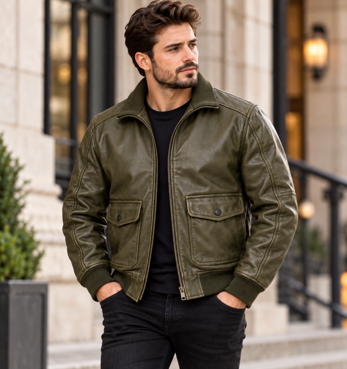 Hawkeye Olive Men's Leather Utility Aviator Bomber | Blackstone Jackets