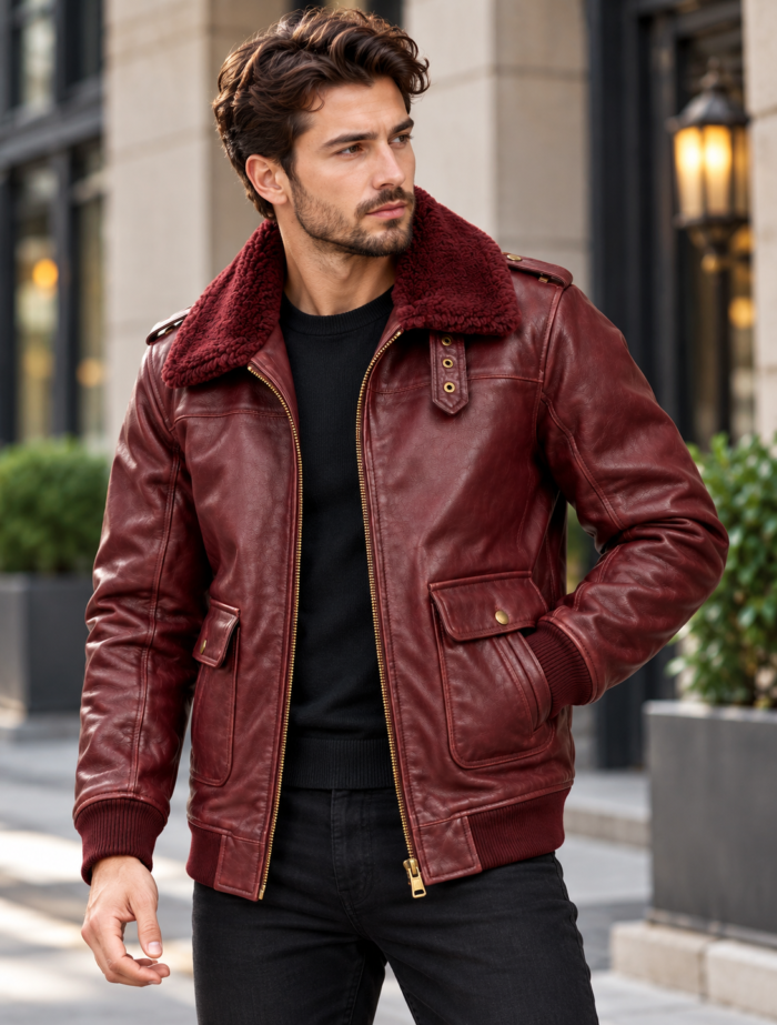 Hudson Burgundy Men's Leather Longline Aviator Jacket | Blackstone Jackets