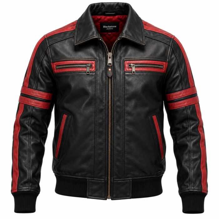 Jetstream Black / Red Men's Leather Performance Flight Bomber | Blackstone Jackets