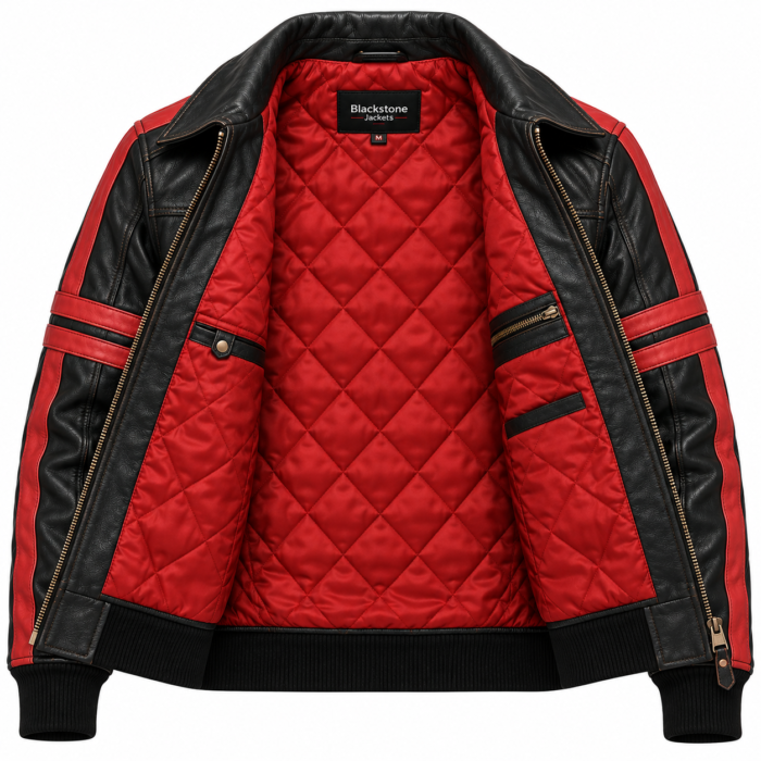 Jetstream Black / Red Men's Leather Performance Flight Bomber | Blackstone Jackets