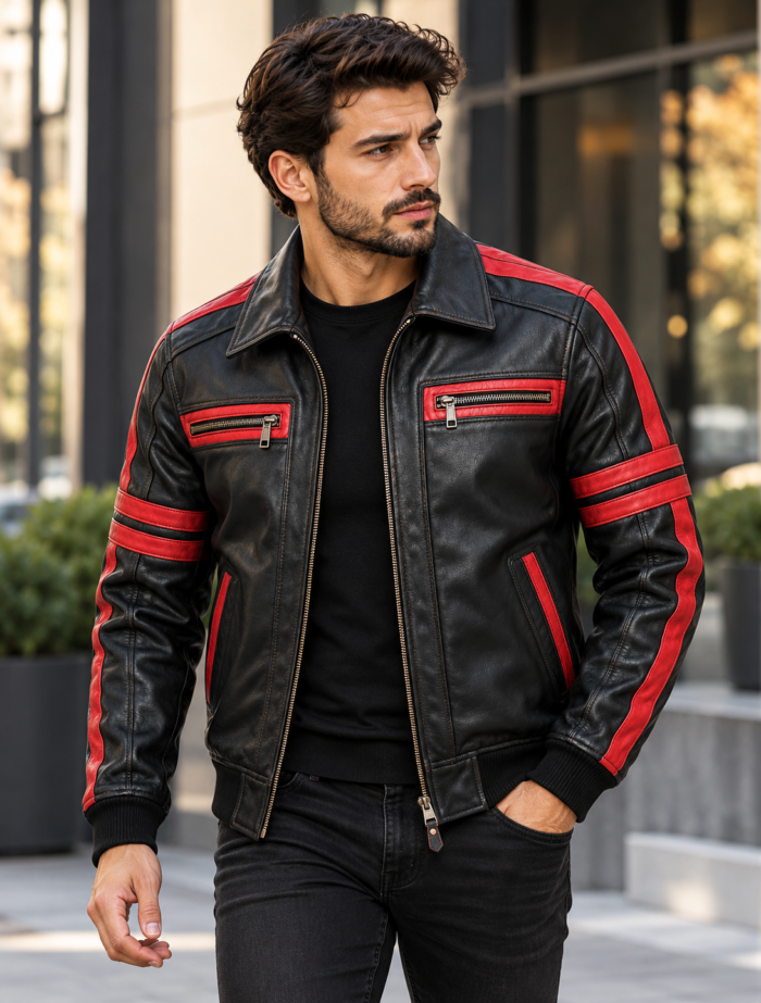 Jetstream Black / Red Men's Leather Performance Flight Bomber | Blackstone Jackets