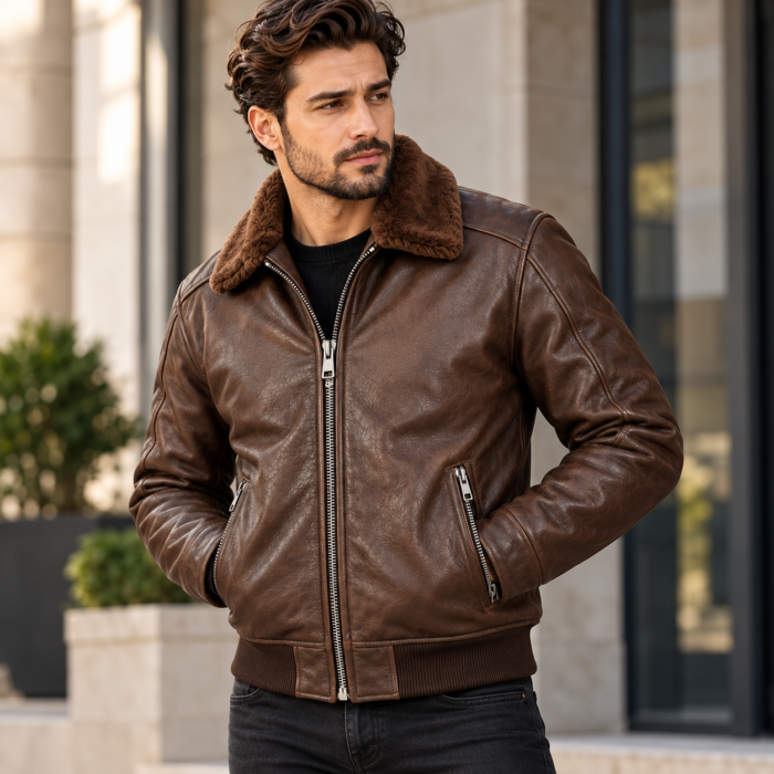 Ranger Espresso Brown Men's Aviator Leather Jacket | Blackstone Jackets
