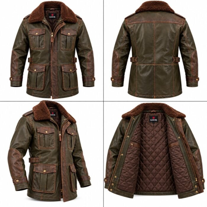 Warden Dark Olive Brown Men's Leather Utility Flight Coat | Blackstone Jackets - Image 6