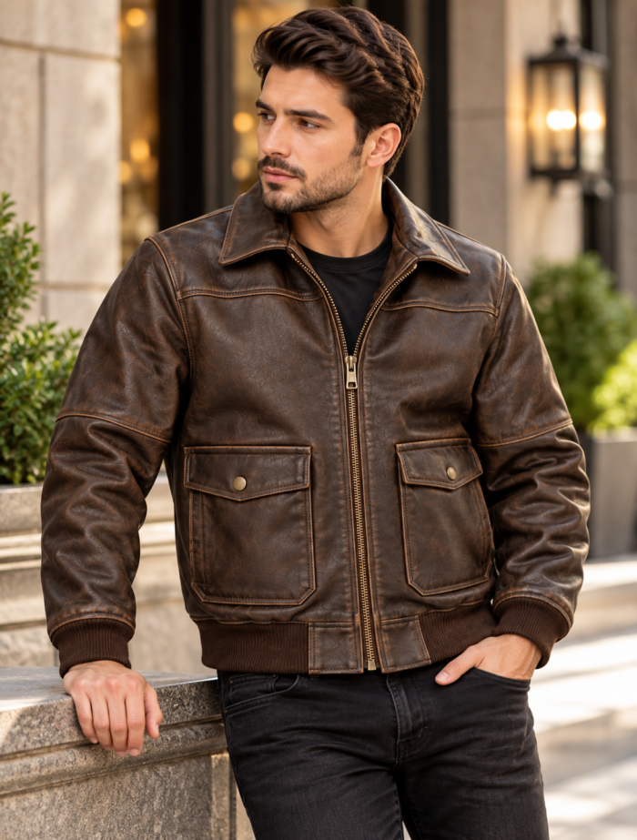 Altair Dark Brown Men's Leather Relaxed Aviator Bomber | Blackstone Jackets
