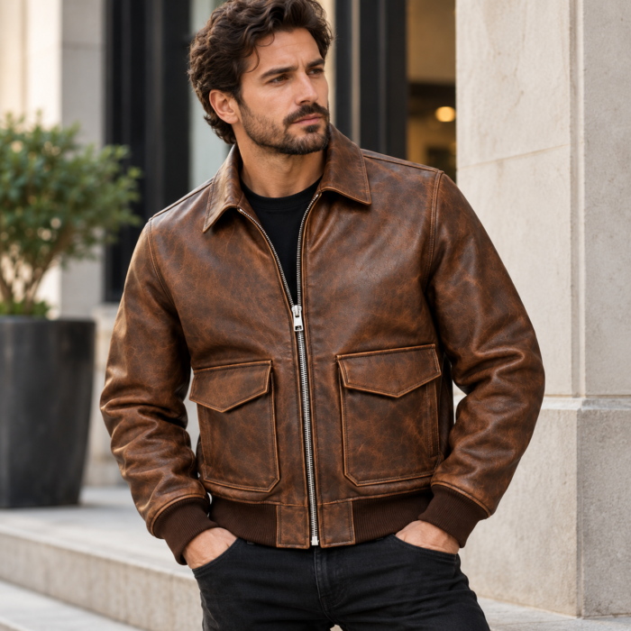 Mercury Distressed Brown Men's Aviator Leather Jacket | Blackstone Jackets