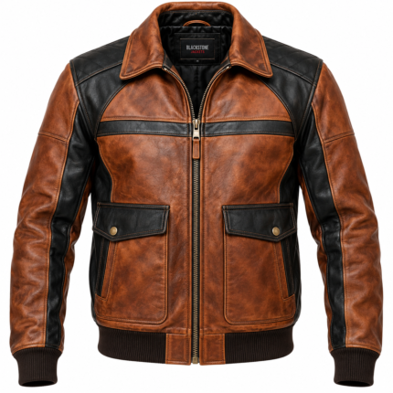 Maverick Cognac / Black Men's Leather Panelled Flight Jacket | Blackstone Jackets