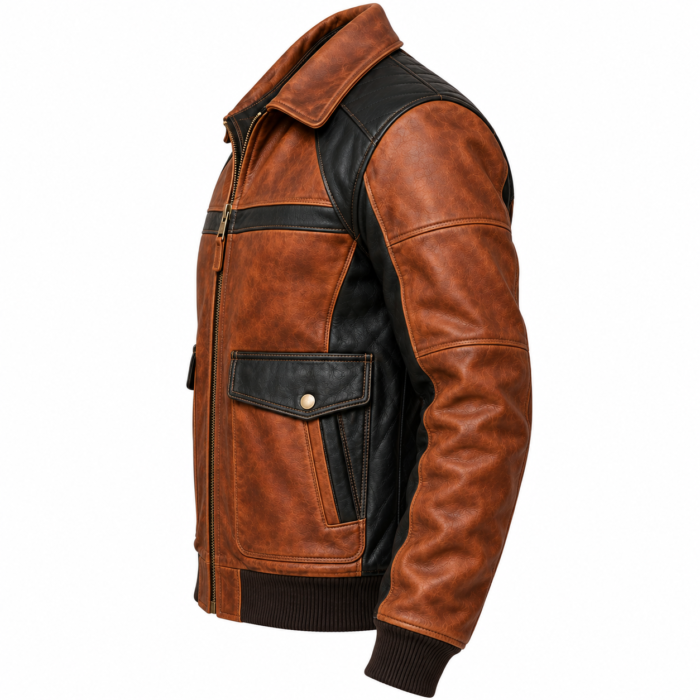 Maverick Cognac / Black Men's Leather Panelled Flight Jacket | Blackstone Jackets