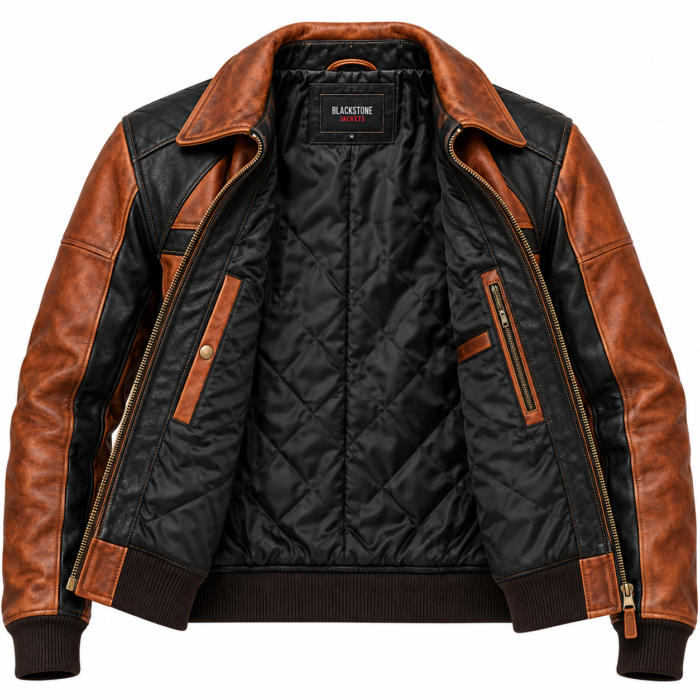 Maverick Cognac / Black Men's Leather Panelled Flight Jacket | Blackstone Jackets