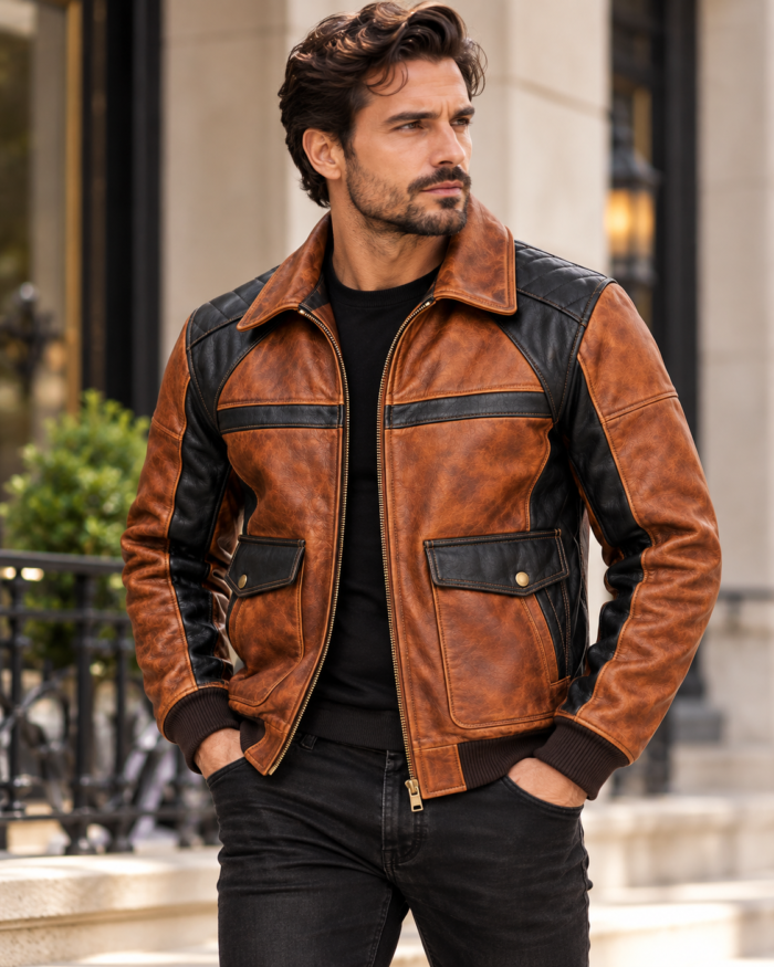 Maverick Cognac / Black Men's Leather Panelled Flight Jacket | Blackstone Jackets