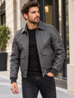 Mercury Slate Grey Men's Leather Minimal Aviator Jacket | Blackstone Jackets